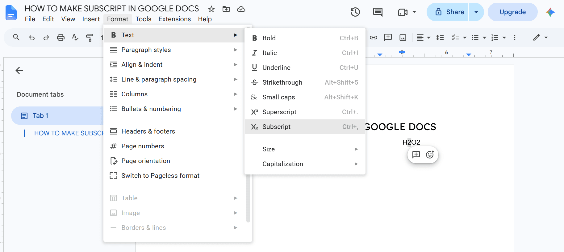 Google Docs Format menu navigation for Subscript: Format > Text > Subscript