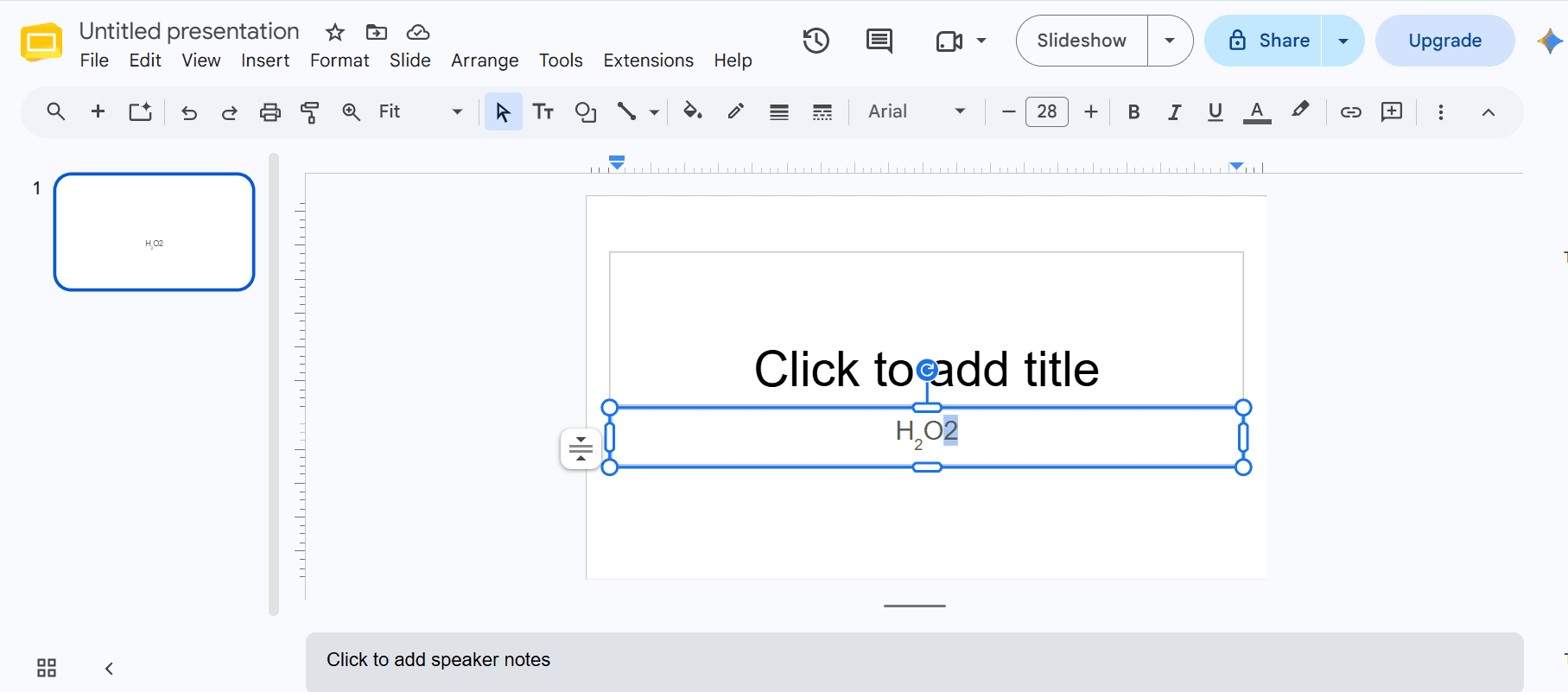 Google Slides Format menu showing Subscript option: Format > Text > Subscript