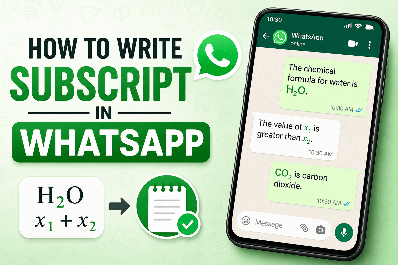 Subscript formatting in WhatsApp chat interface showing H₂O with Unicode subscript